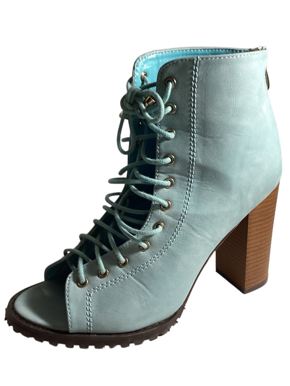 Open Toe Lace Up Mint Green Boots Stacked Block Heel Lug Sole Women’s Size 8
